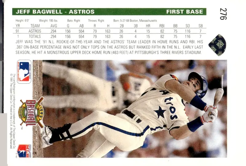 1992 Upper Deck Baseball #276 Jeff Bagwell (back)