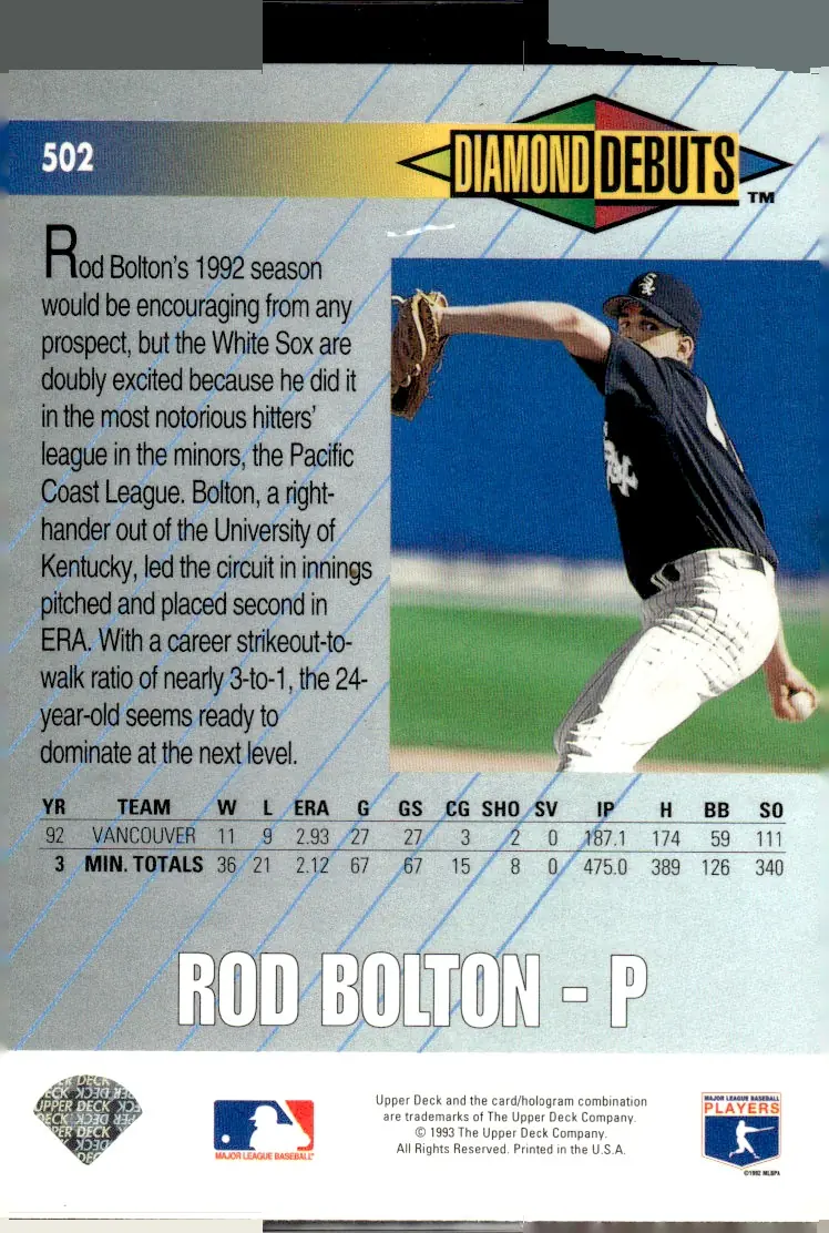 1993 Upper Deck #502 Rod Bolton (back)