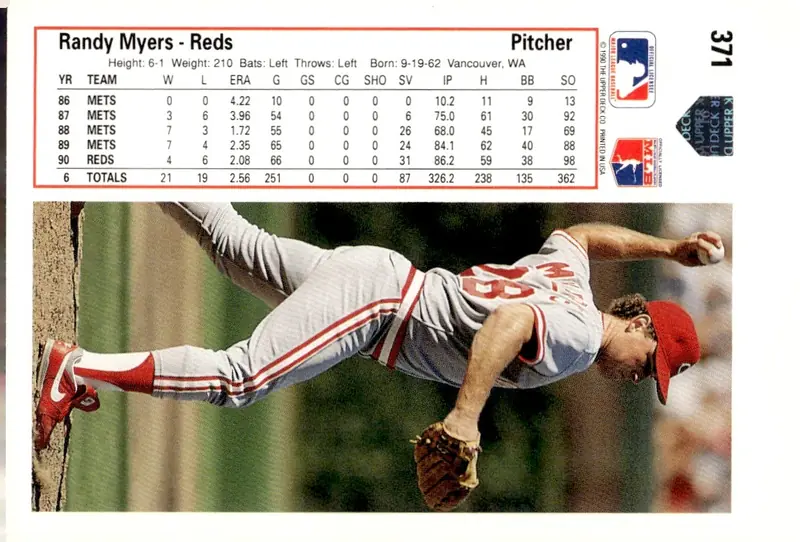 1991 Upper Deck #371 Randy Myers (back)