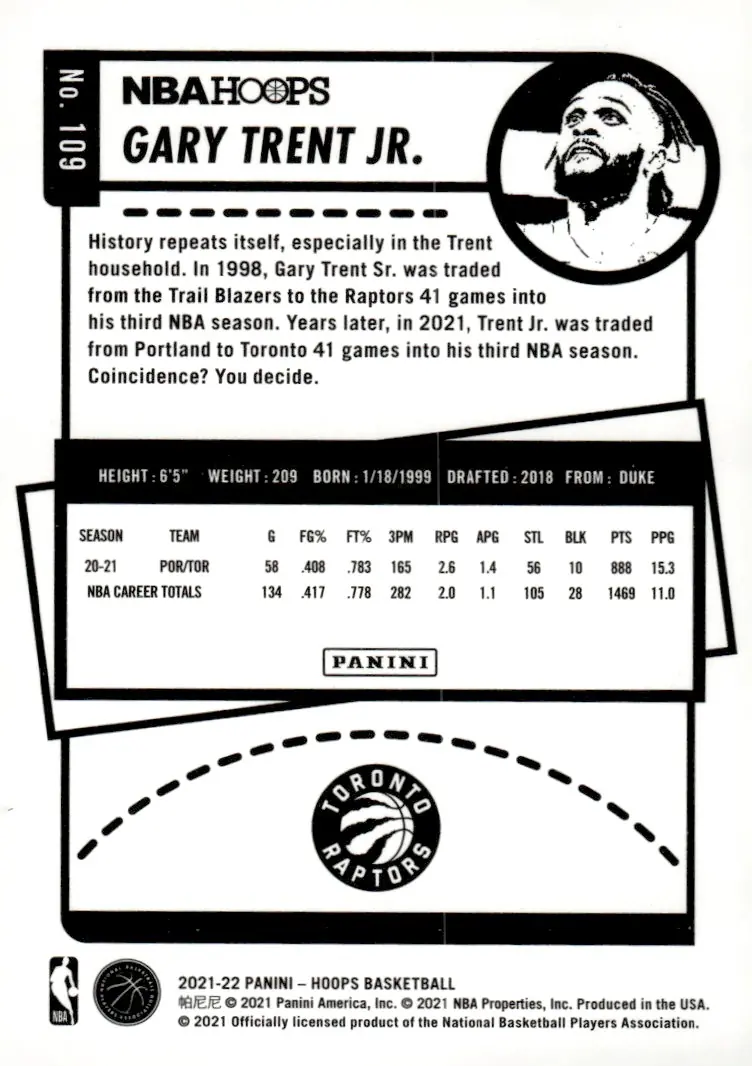 2021-22 NBA Hoops #109 Gary Trent Jr. (back)