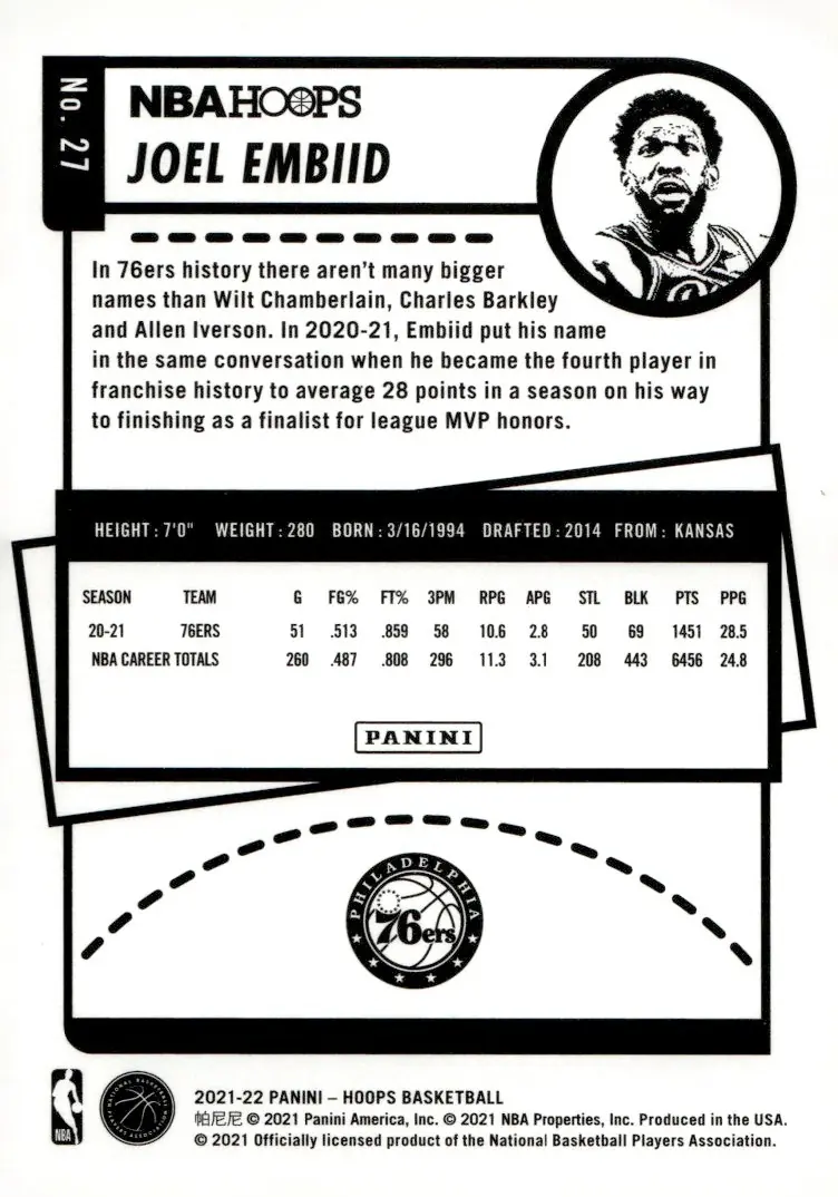 2021-22 NBA Hoops #27 Joel Embiid (back)