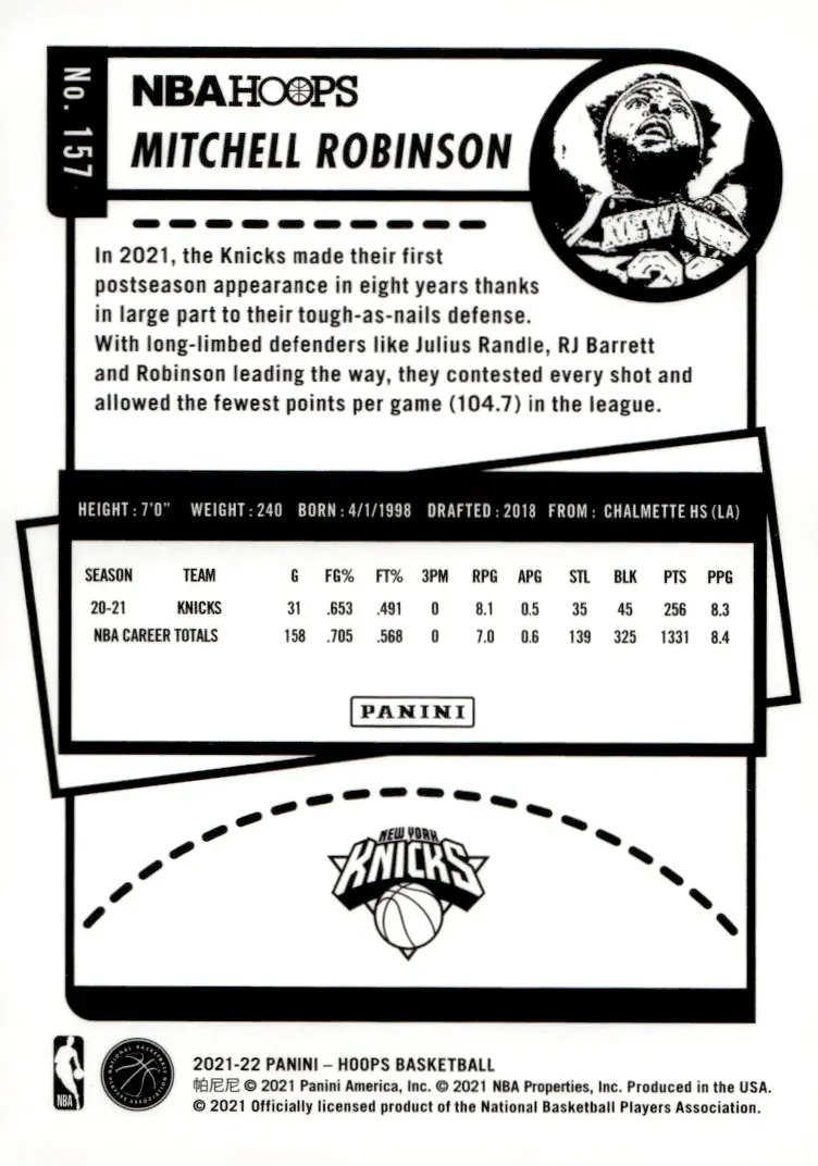2021-22 NBA Hoops #157 Mitchell Robinson (back)