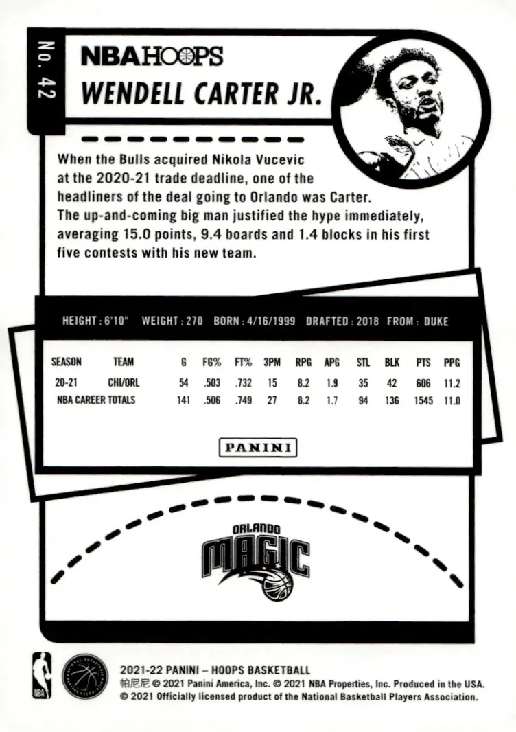 2021-22 NBA Hoops #42 Wendell Carter Jr. (back)