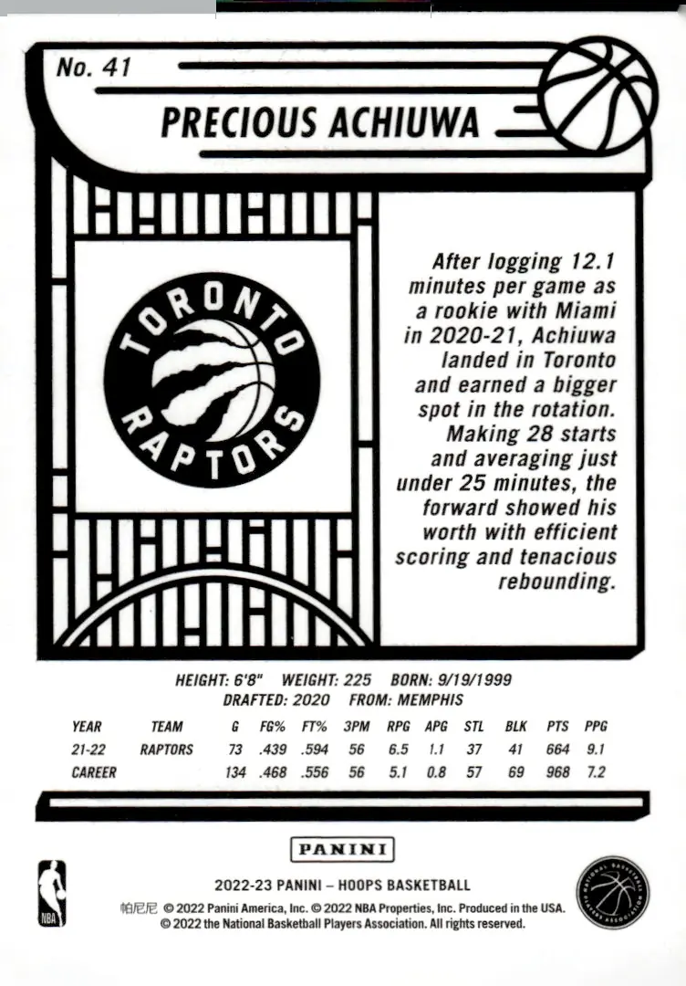 2022-23 NBA Hoops #41 Precious Achiuwa (back)