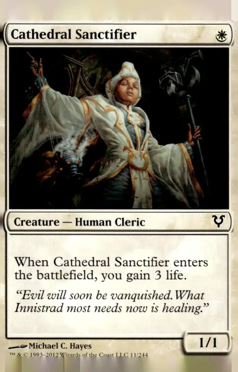 2012 Magic: The Gathering - Avacyn Restored #11/244 Cathedral Sanctifier (Creature — Human Cleric, 1/1); art by Michael C. Hayes