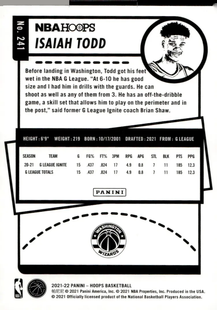 2021-22 NBA Hoops #241 Isaiah Todd (back)