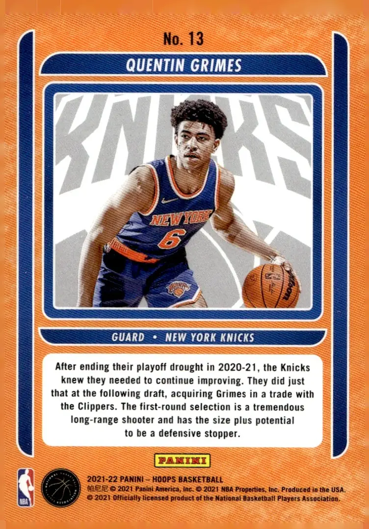 2021-22 NBA Hoops #13 Quentin Grimes (back)