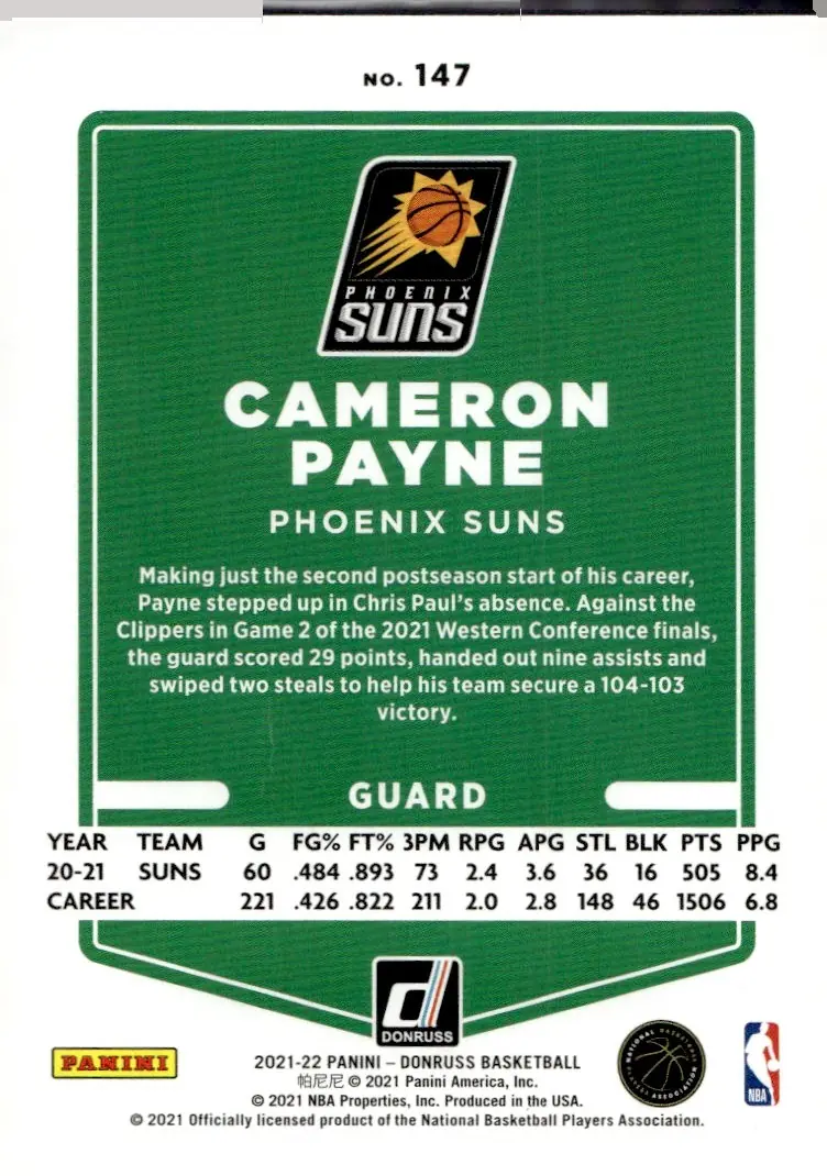 2021-22 Donruss #147 Cameron Payne (back)