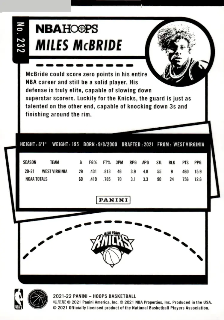 2021-22 NBA Hoops #232 Miles McBride (back)