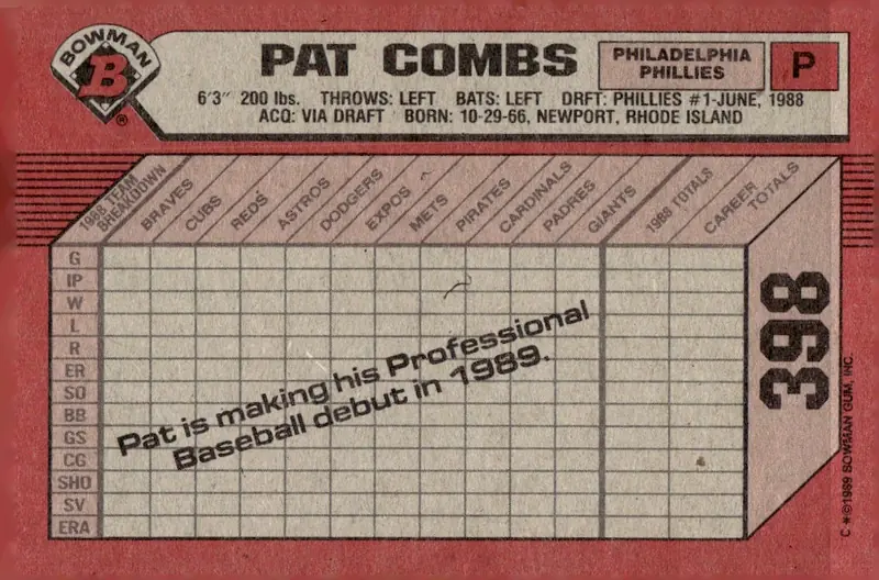 1989 Bowman #398 Pat Combs (back)