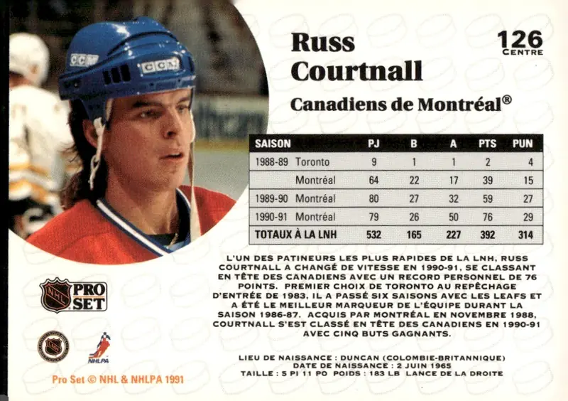 1991-92 Pro Set #126 Russ Courtnall – French (back)
