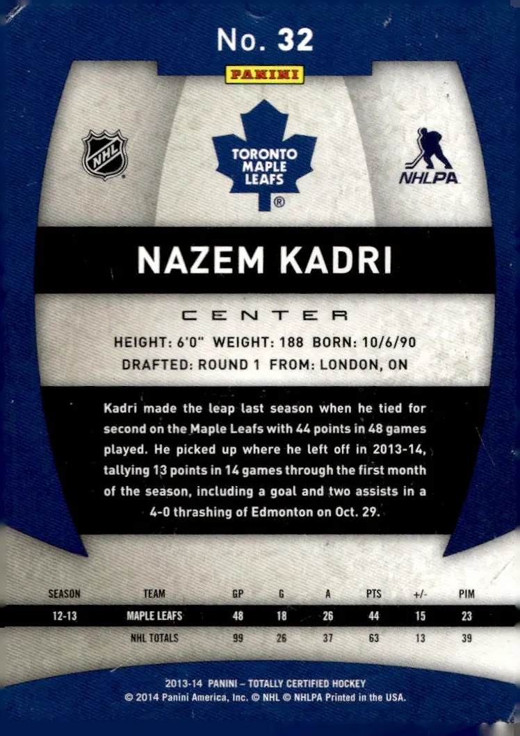 2013-14 Totally Certified #32 Nazem Kadri (back)