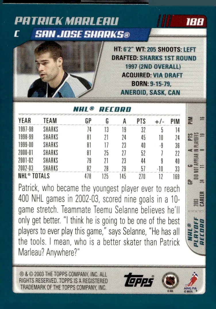 2003-04 Topps #188 Patrick Marleau (back)