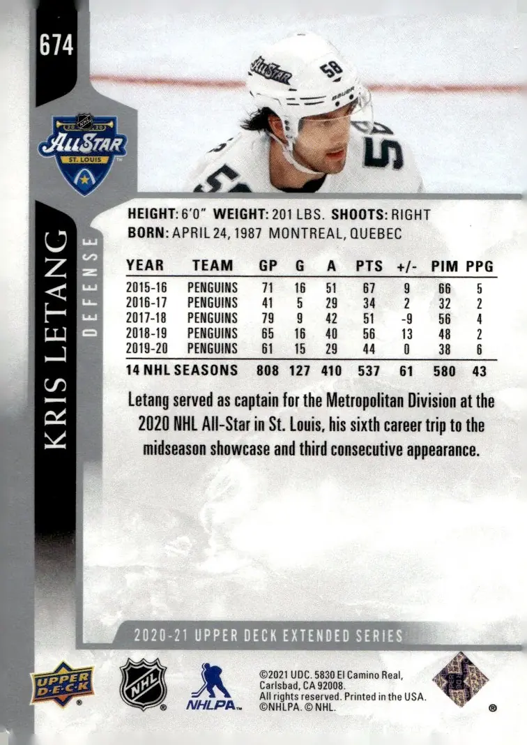 2020-21 Upper Deck Extended Series #674 Kris Letang (back)