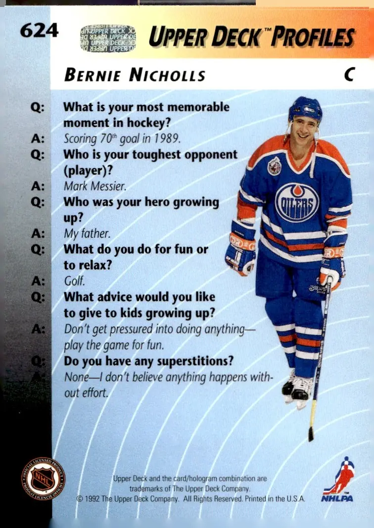1992-93 Upper Deck #624 Bernie Nicholls (back)