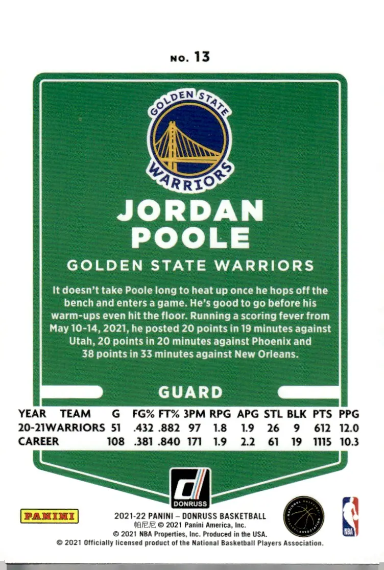 2021-22 Donruss #13 Jordan Poole (back)