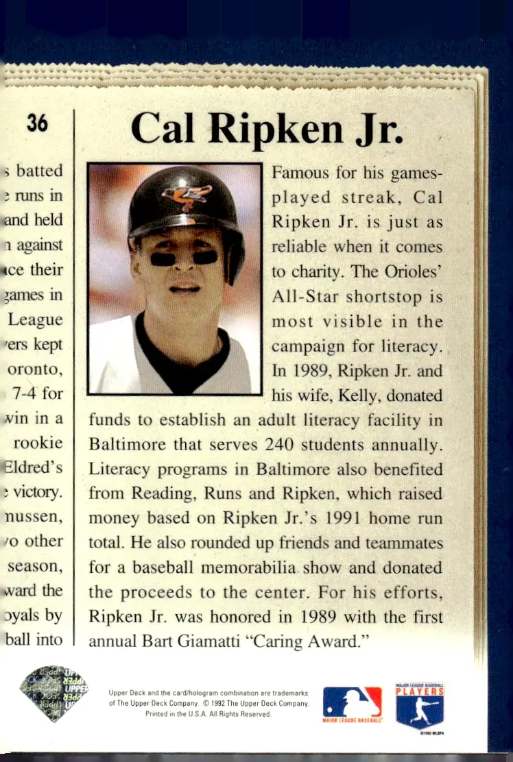 1993 Upper Deck #36 Cal Ripken Jr. (back)
