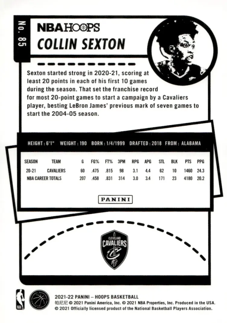 2021-22 NBA Hoops #85 Collin Sexton (back)