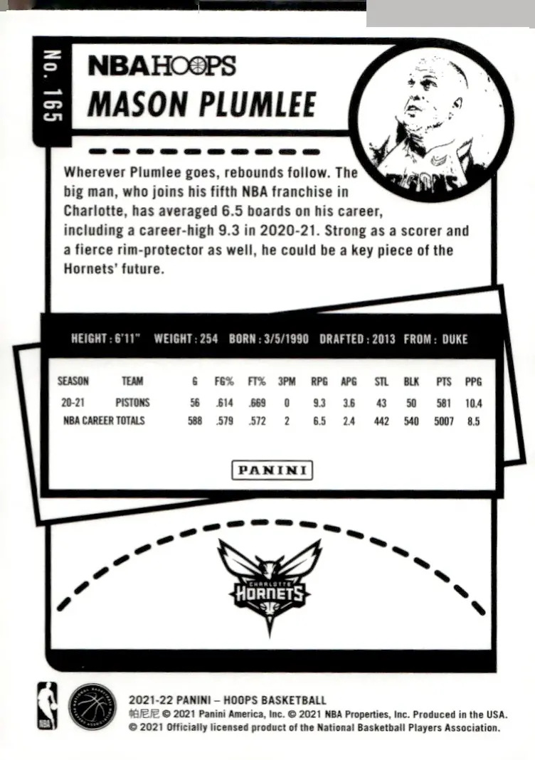 2021-22 NBA Hoops #165 Mason Plumlee (back)