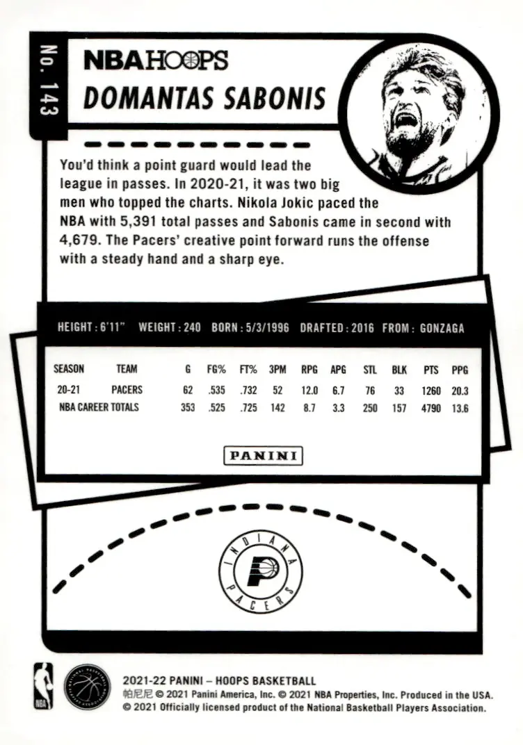 2021-22 NBA Hoops #143 Domantas Sabonis (back)