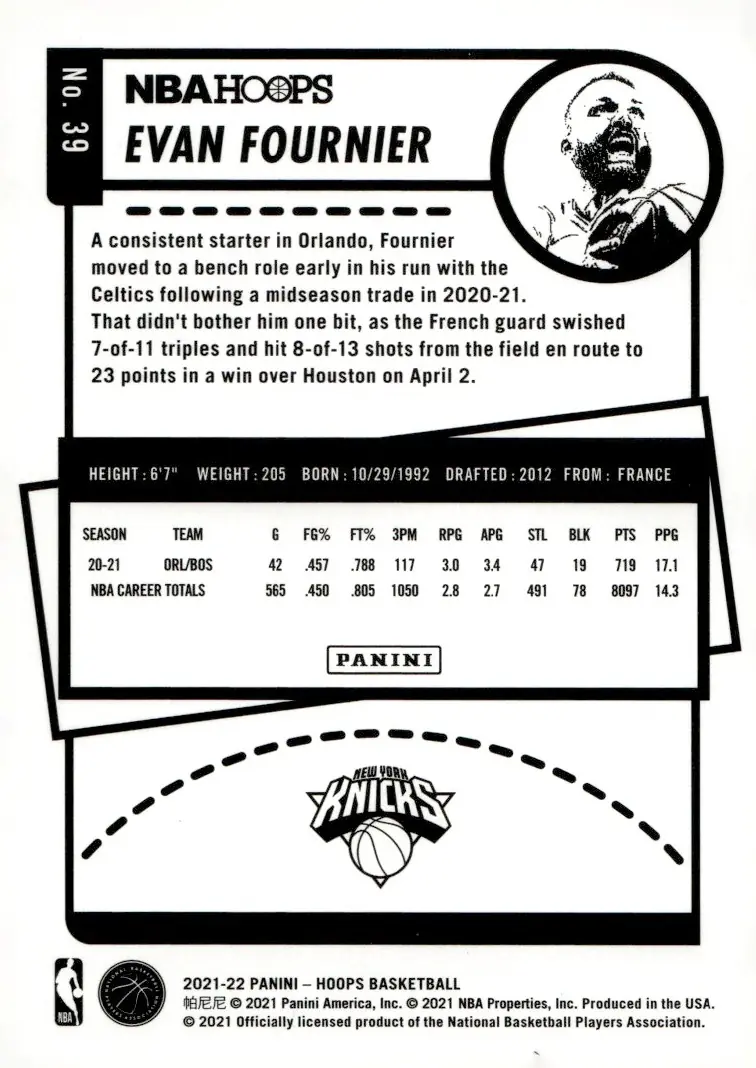 2021-22 NBA Hoops #39 Evan Fournier (back)