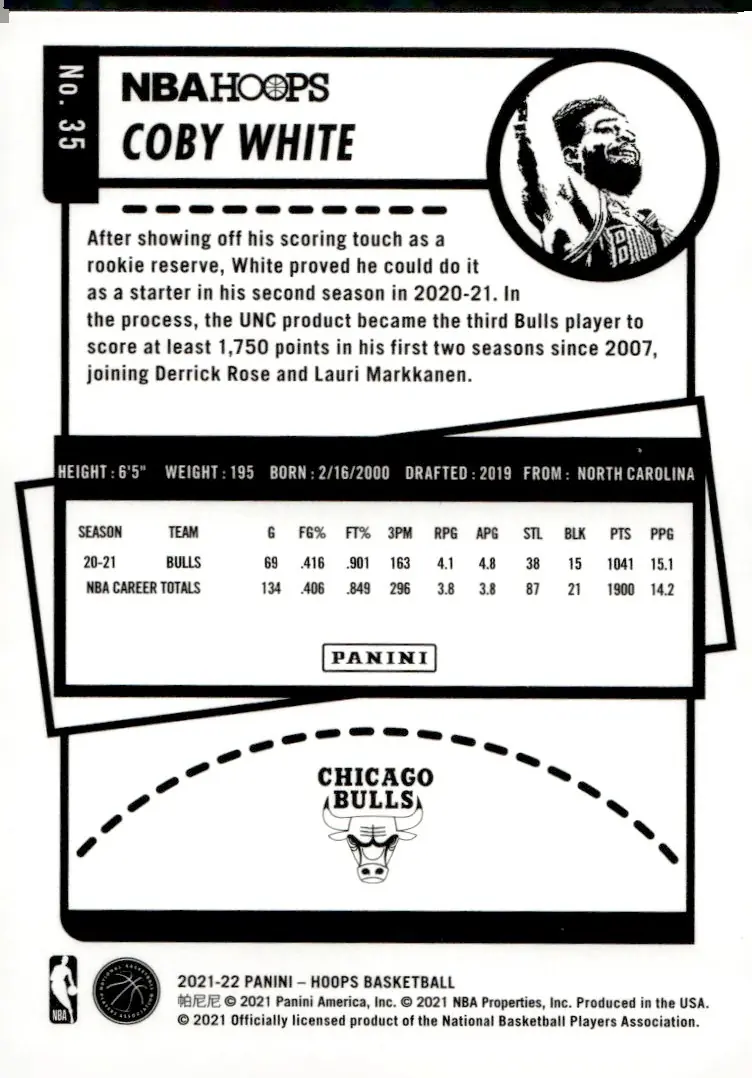 2021-22 NBA Hoops #35 Coby White (back)
