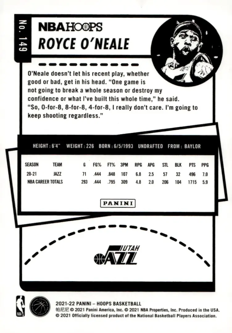 2021-22 NBA Hoops #149 Royce O'Neale (back)
