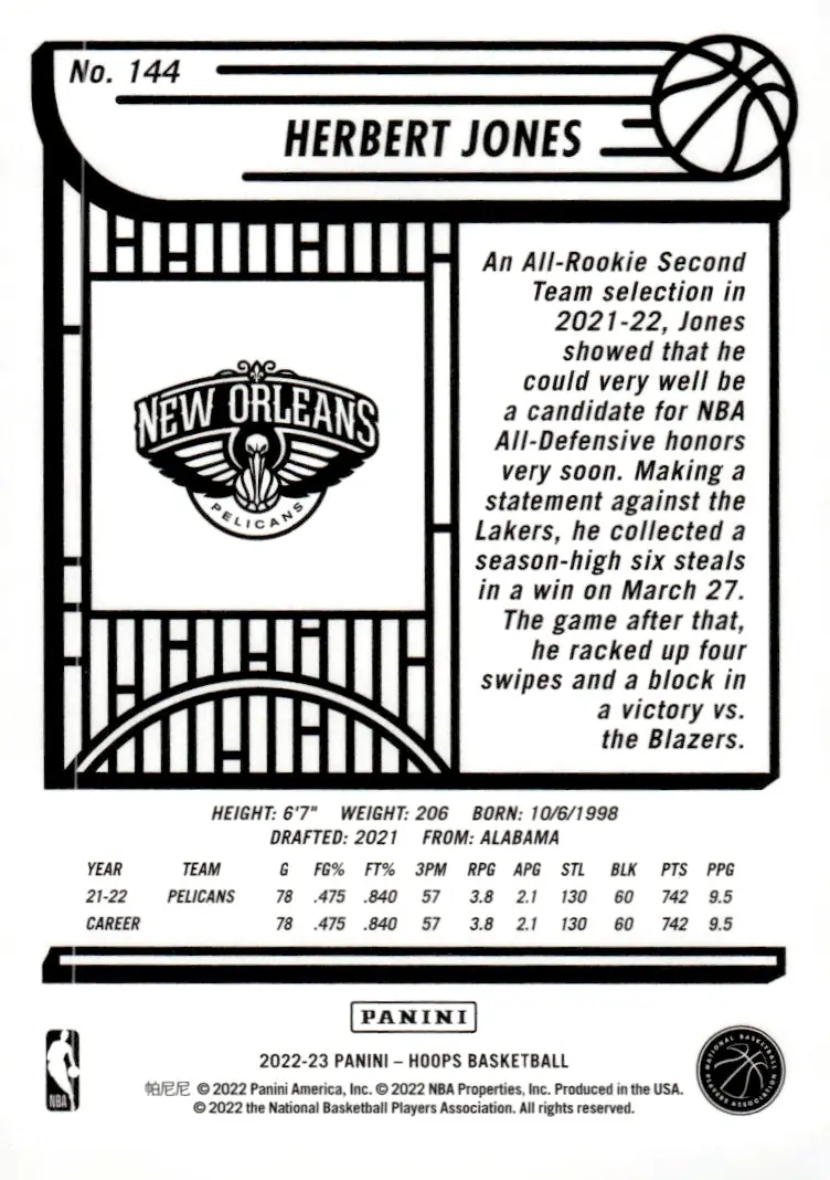 2022-23 NBA Hoops #144 Herbert Jones (back)
