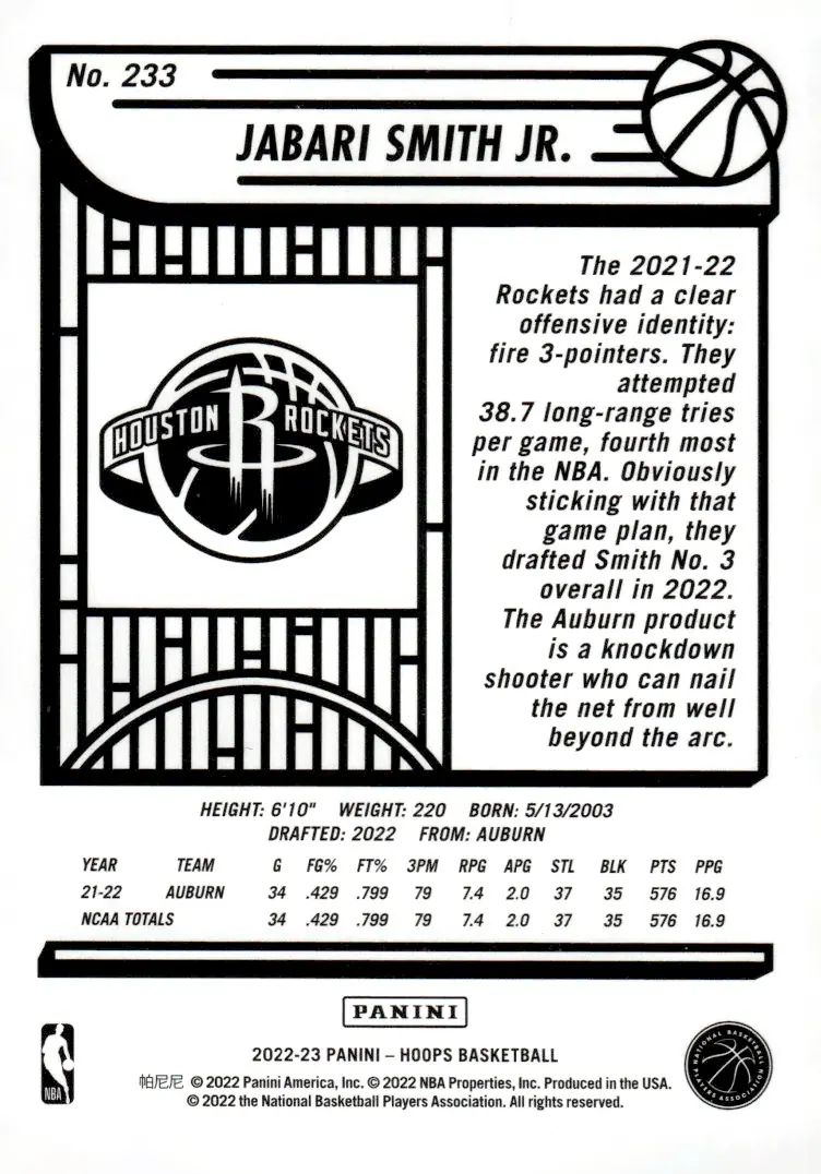 2022-23 NBA Hoops #233 Jabari Smith Jr. (back)