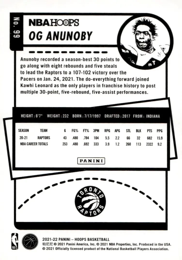 2021-22 NBA Hoops #99 OG Anunoby (back)