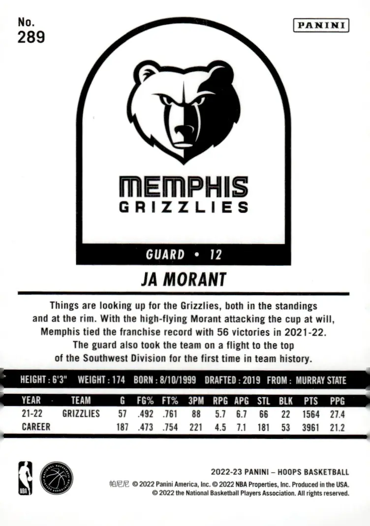 2022-23 NBA Hoops #289 Ja Morant (back)
