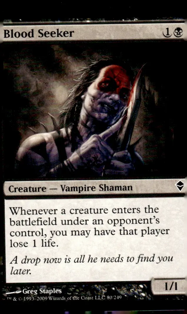 2009 Zendikar #80/249 Blood Seeker (Creature — Vampire Shaman); art by Greg Staples (front)