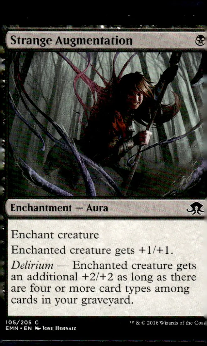 2016 Eldritch Moon (EMN) #105/205 Strange Augmentation (Enchantment — Aura); art by Josu Hernaiz (front)
