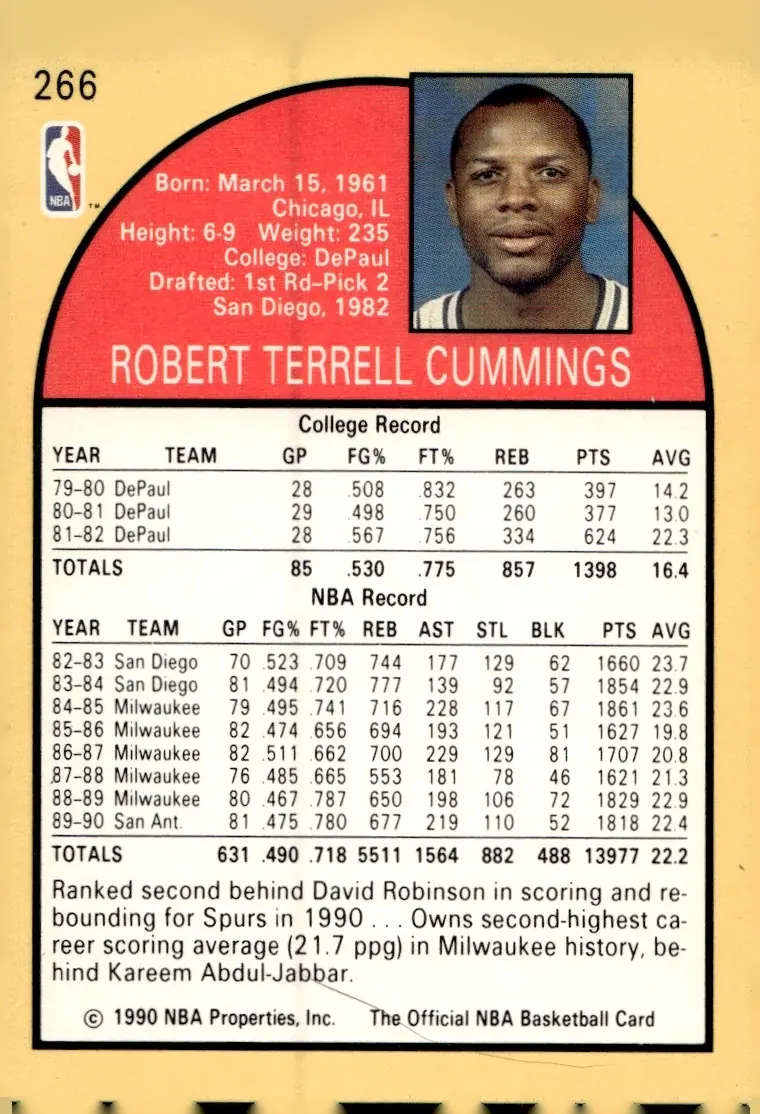 1990-91 NBA Hoops #266 Terry Cummings (back)