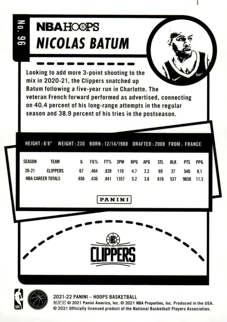 2021-22 NBA Hoops #96 Nicolas Batum (back)
