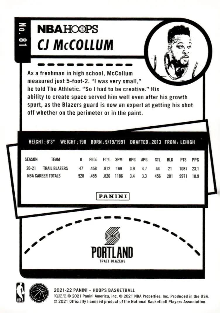 2021-22 NBA Hoops #81 CJ McCollum (back)