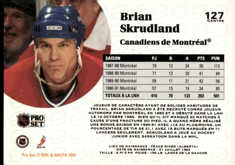 1991-92 Pro Set (Series 1) #127 Brian Skrudland – French/bilingual (back)