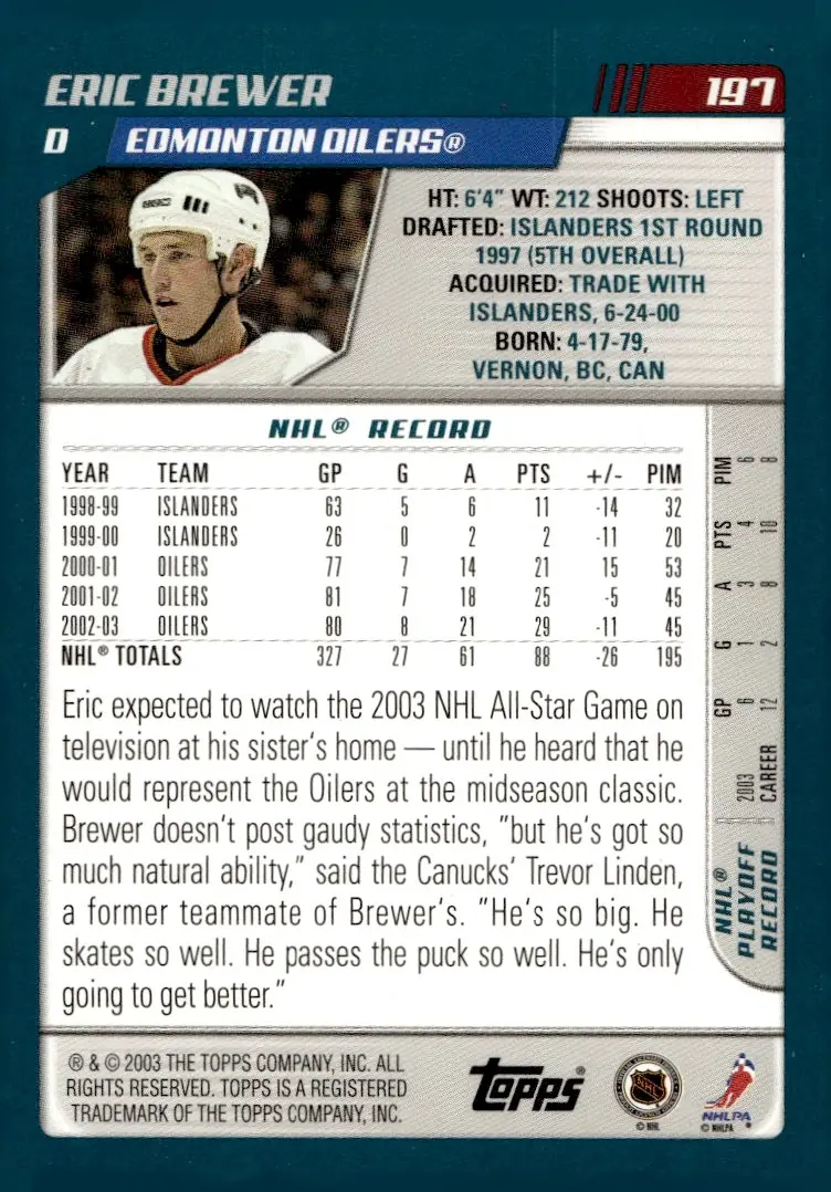 2003-04 Topps #191 Eric Brewer (back)