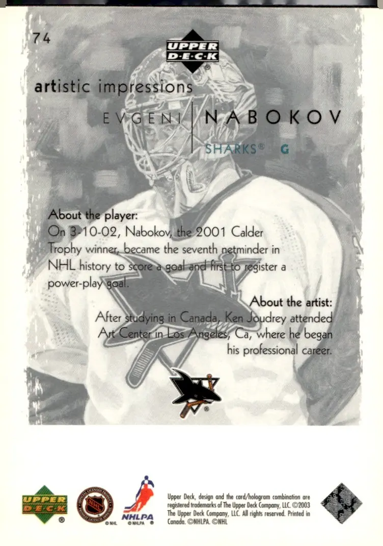 2002-03 Upper Deck Artistic Impressions #74 Evgeni Nabokov (back)