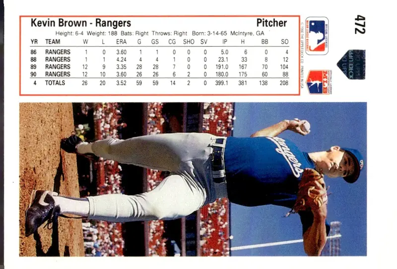 1991 Upper Deck #472 Kevin Brown (back)