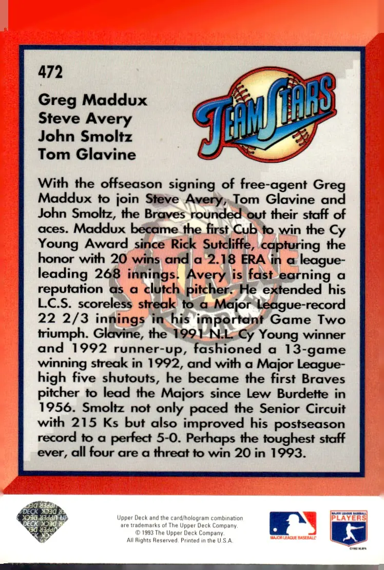 1993 Upper Deck #472 Greg Maddux, Steve Avery, John Smoltz, Tom Glavine (back)