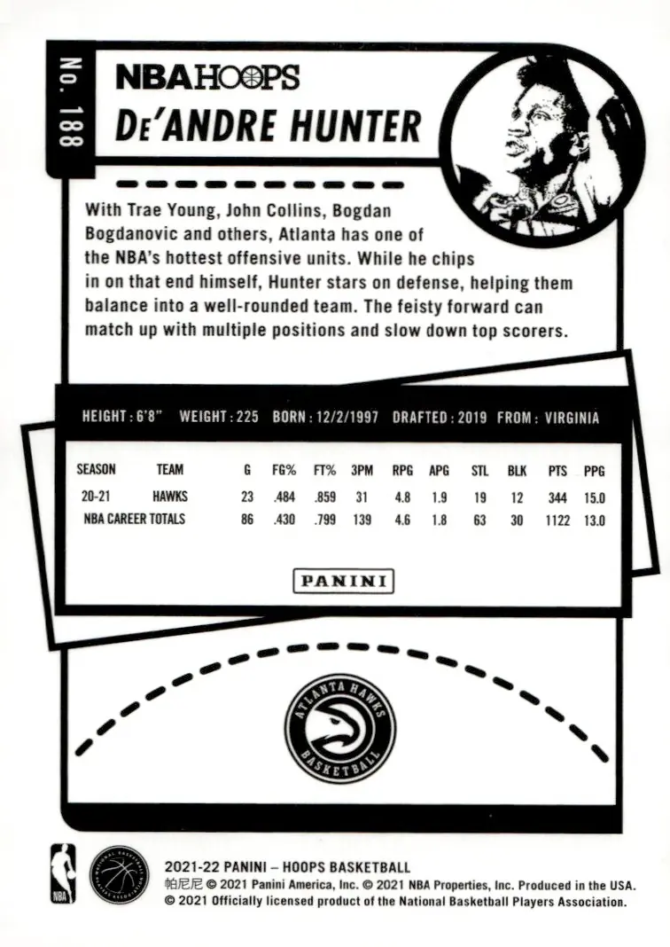 2021-22 NBA Hoops #188 De'Andre Hunter (back)