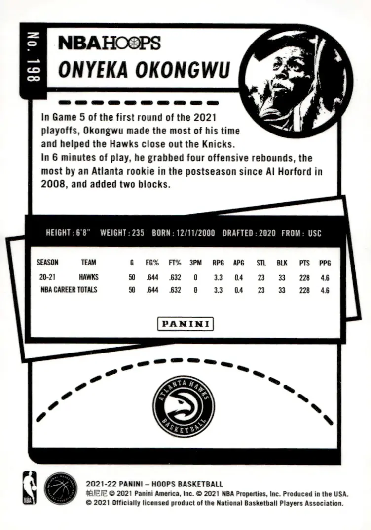 2021-22 NBA Hoops #198 Onyeka Okongwu (back)