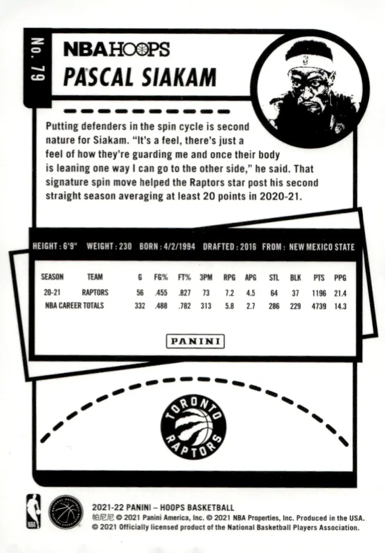 2021-22 NBA Hoops #79 Pascal Siakam (back)