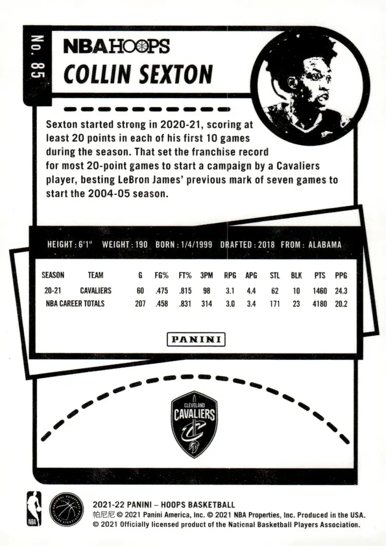 2021-22 NBA Hoops #85 Collin Sexton (back)