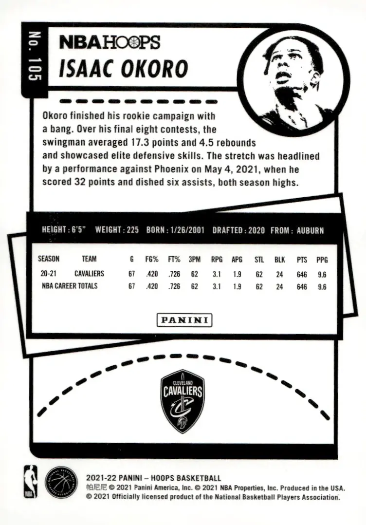 2021-22 NBA Hoops #105 Isaac Okoro (back)