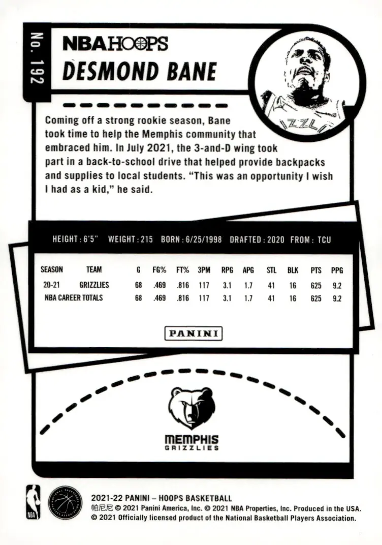 2021-22 NBA Hoops #192 Desmond Bane (back)