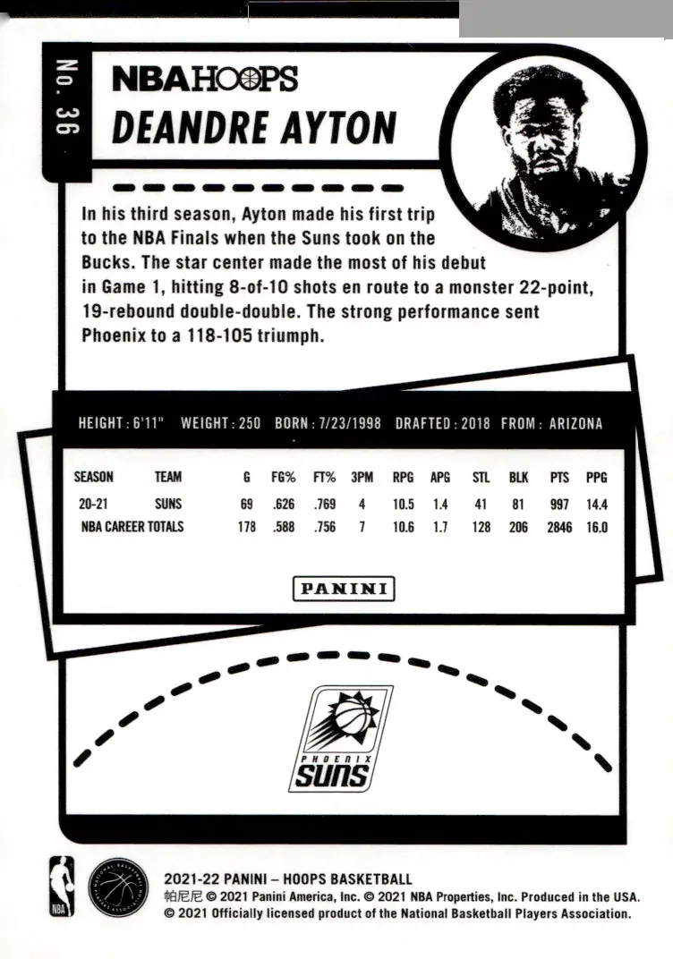 2021-22 NBA Hoops #36 Deandre Ayton (back)