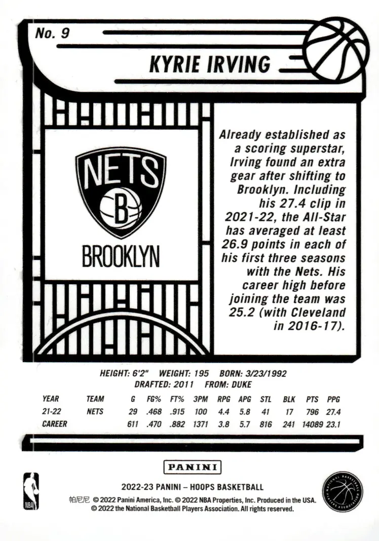 2022-23 NBA Hoops #9 Kyrie Irving (back)
