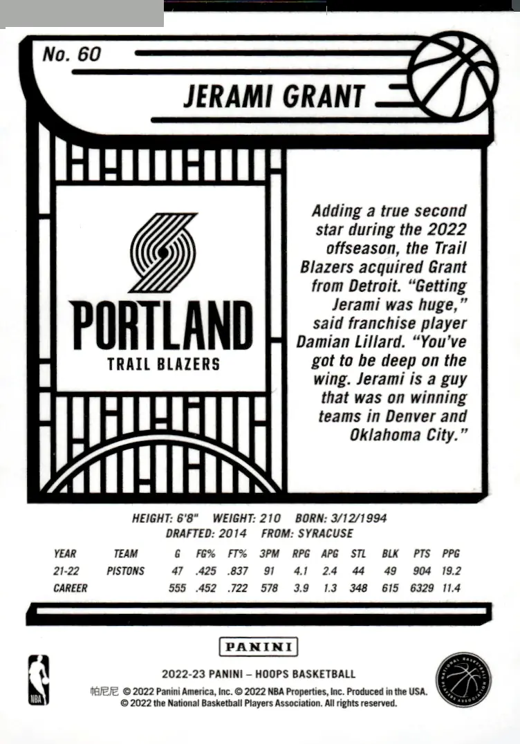 2022-23 NBA Hoops #60 Jerami Grant (back)